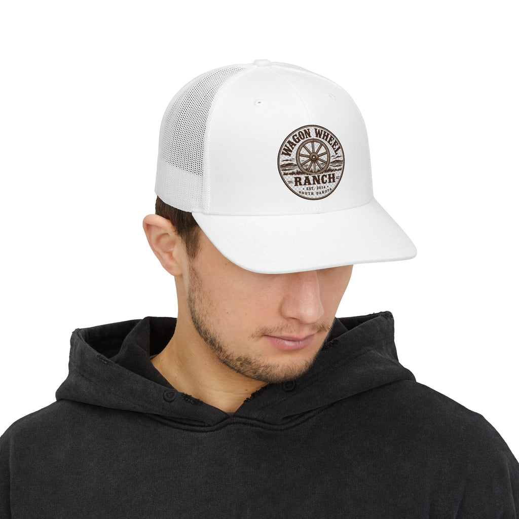 Wagon Wheel Ranch Trucker Cap — Vintage Western Logo Snapback