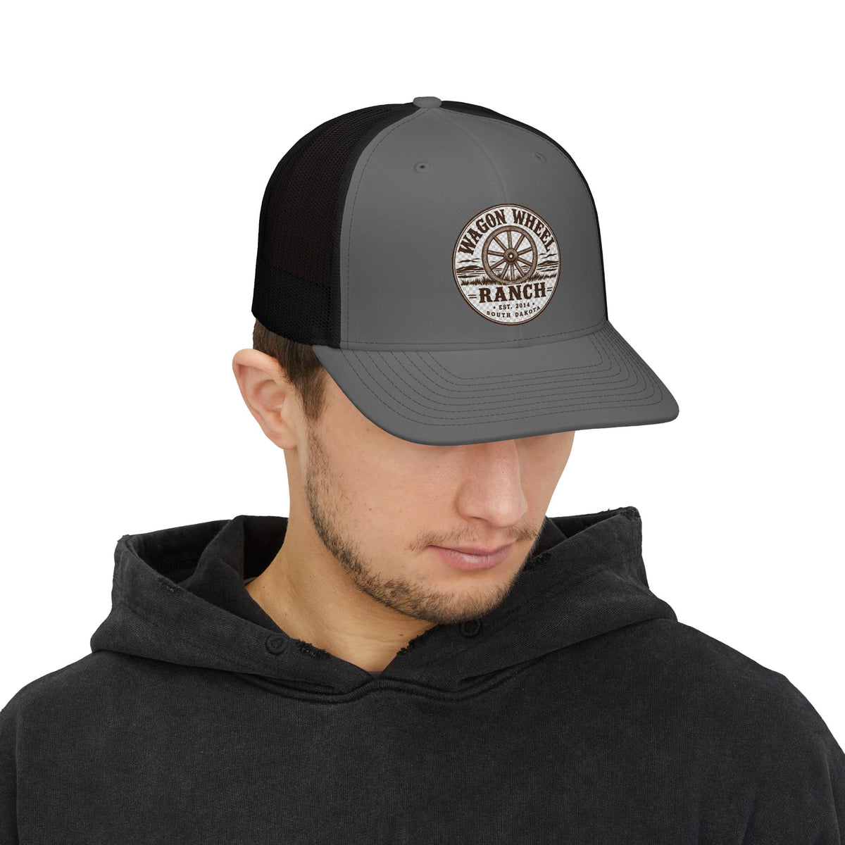 Wagon Wheel Ranch Trucker Cap — Vintage Western Logo Snapback
