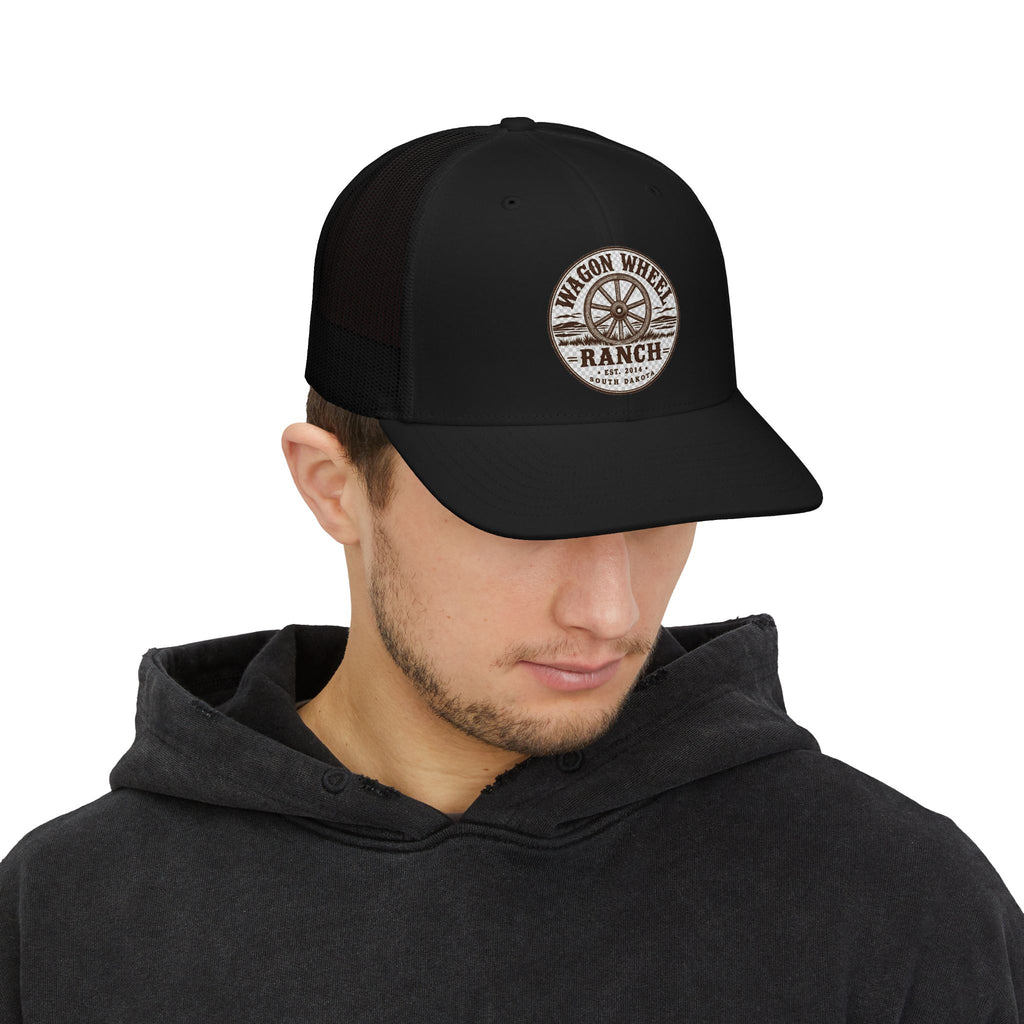 Wagon Wheel Ranch Trucker Cap — Vintage Western Logo Snapback
