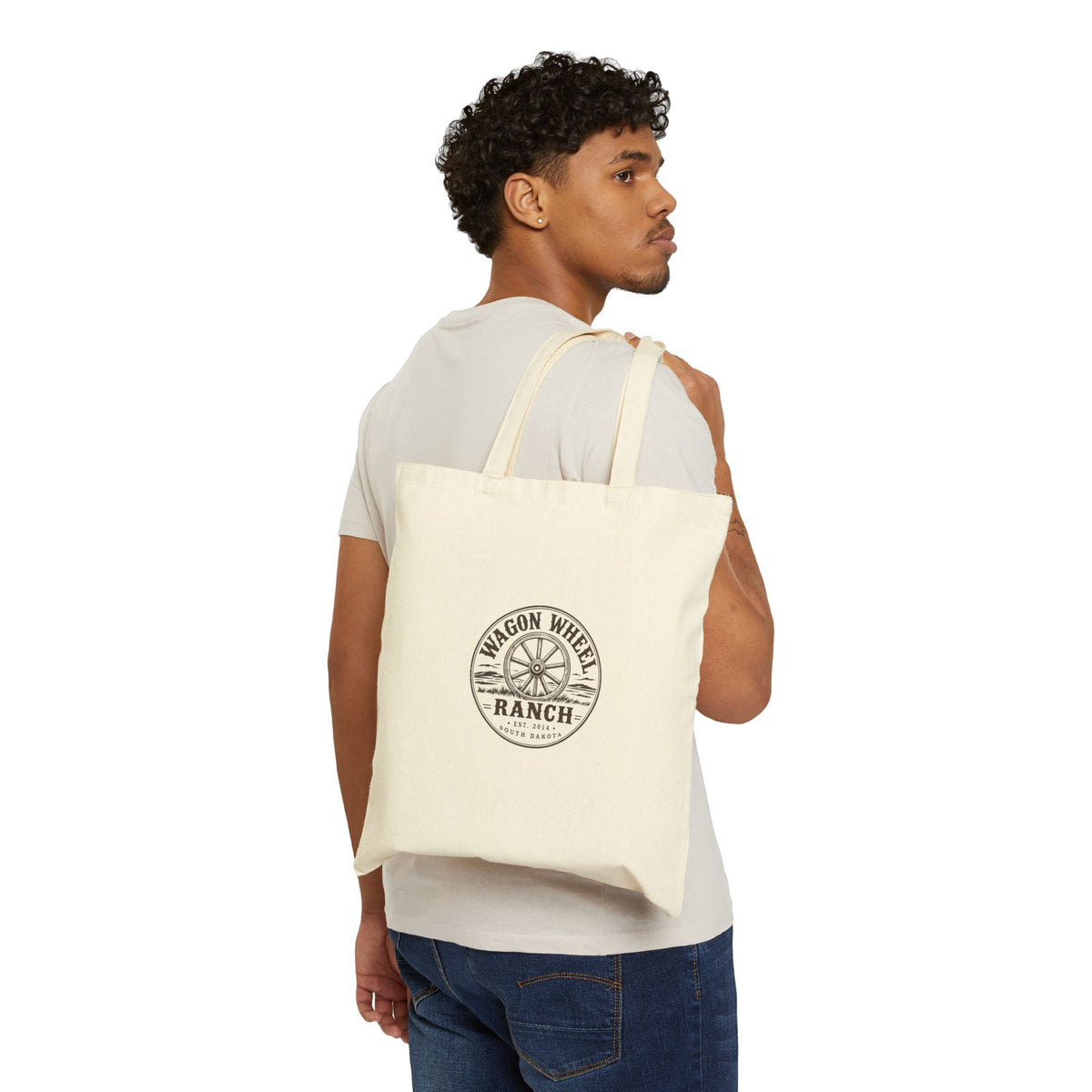 Wagon Wheel Ranch Cotton Tote Bag – Rustic Western Logo Canvas Market Tote