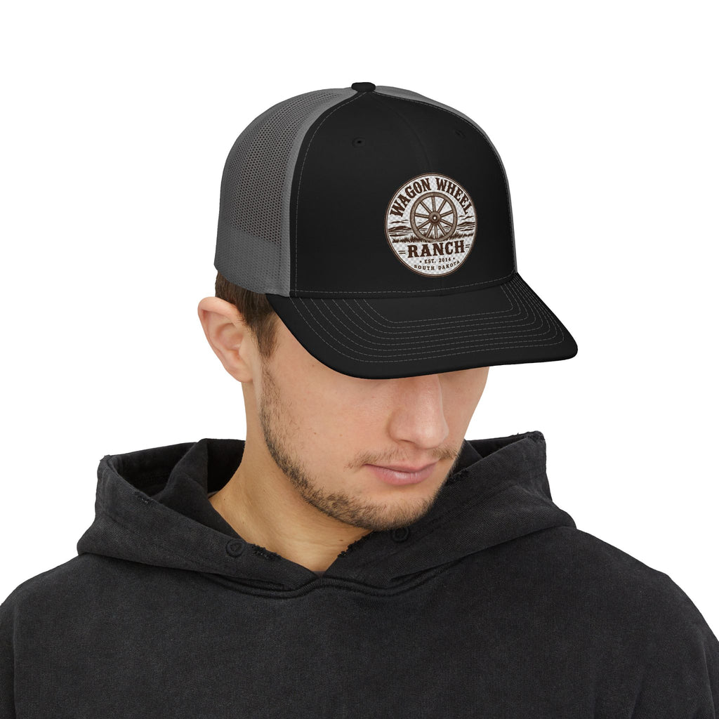 Wagon Wheel Ranch Trucker Cap — Vintage Western Logo Snapback